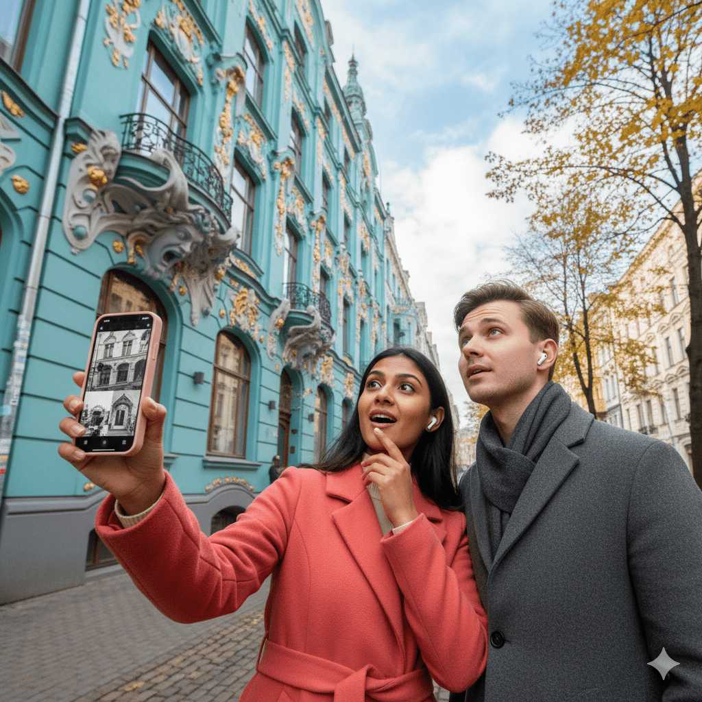 Audio tour device for Riga self-guided tour by Uvamai Niche Tourism, showing headphones and tour map on a tablet screen.