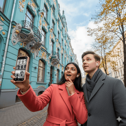 Audio tour device for Riga self-guided tour by Uvamai Niche Tourism, showing headphones and tour map on a tablet screen.