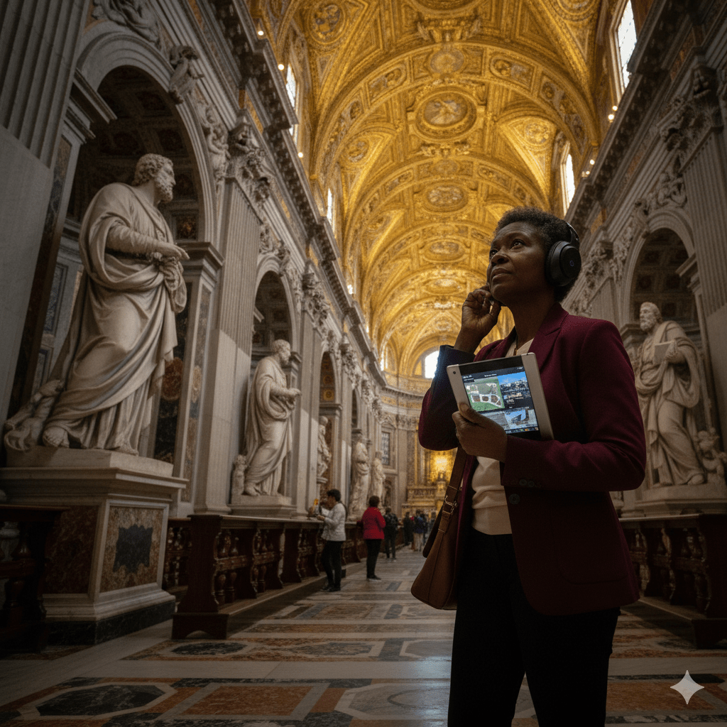 Audio tour device for Rome self-guided tour by Uvamai Niche Tourism, showing headphones and control buttons on a portable device.