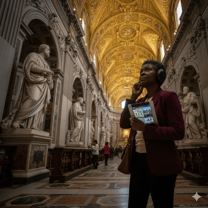Audio tour device for Rome self-guided tour by Uvamai Niche Tourism, showing headphones and control buttons on a portable device.