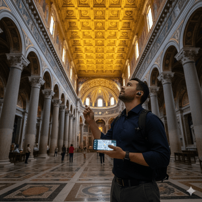 Audio tour device for Rome, Uvamai Niche Tourism, with headphones and smartphone holder, providing self-guided sightseeing experience.