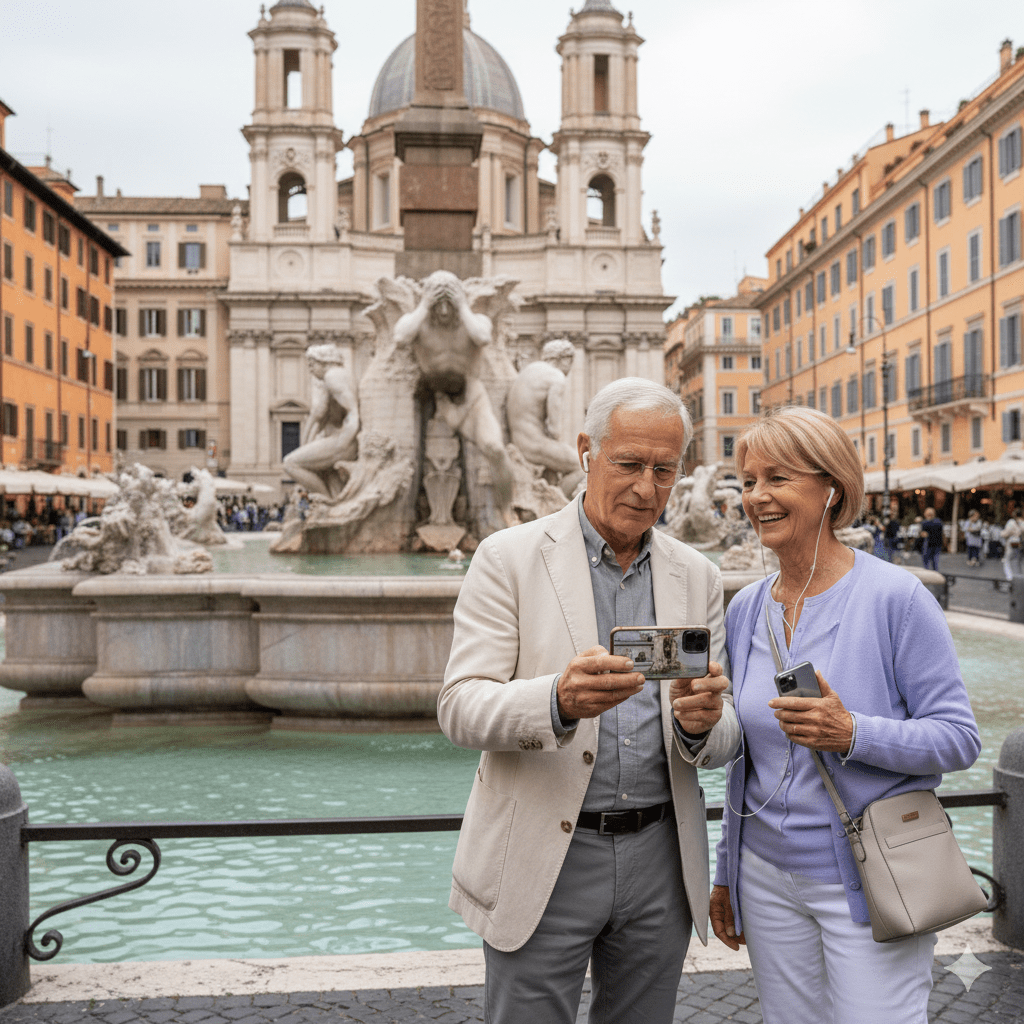 Self-guided audio tour for Rome by Uvamai Niche Tourism, featuring headphones and mobile device for exploring historic landmarks.