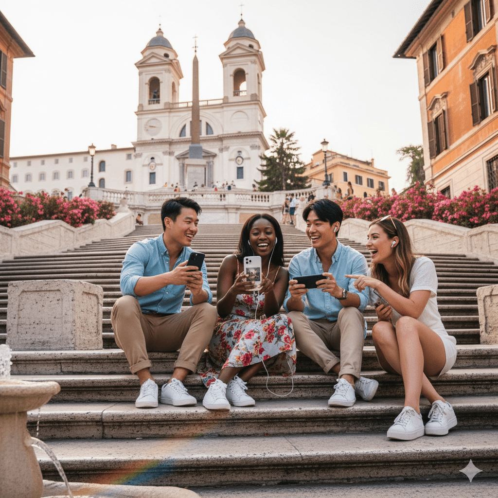 Audio tour device for Rome self-guided tour by Uvamai Niche Tourism, featuring headphones and travel guide interface.