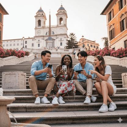Audio tour device for Rome self-guided tour by Uvamai Niche Tourism, featuring headphones and travel guide interface.