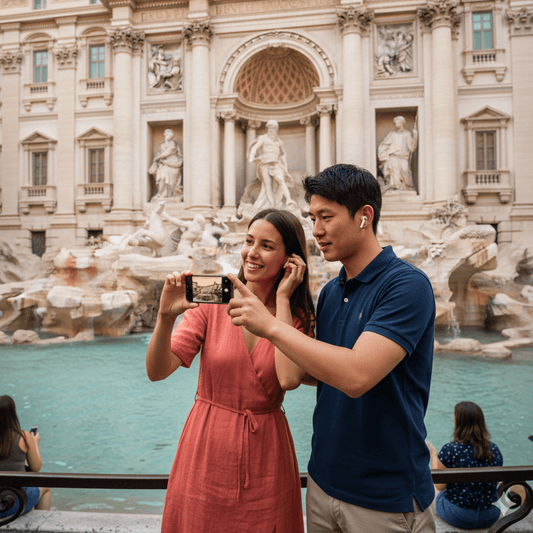Audio tour device for Rome Self-Guided Audio Tour by Uvamai Niche Tourism, showing headphones and tour controls.