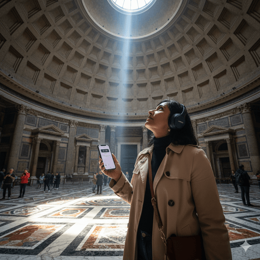 Audio guide device for the Rome Self-Guided Audio Tour by Uvamai Niche Tourism, showing headphones and tour controls.
