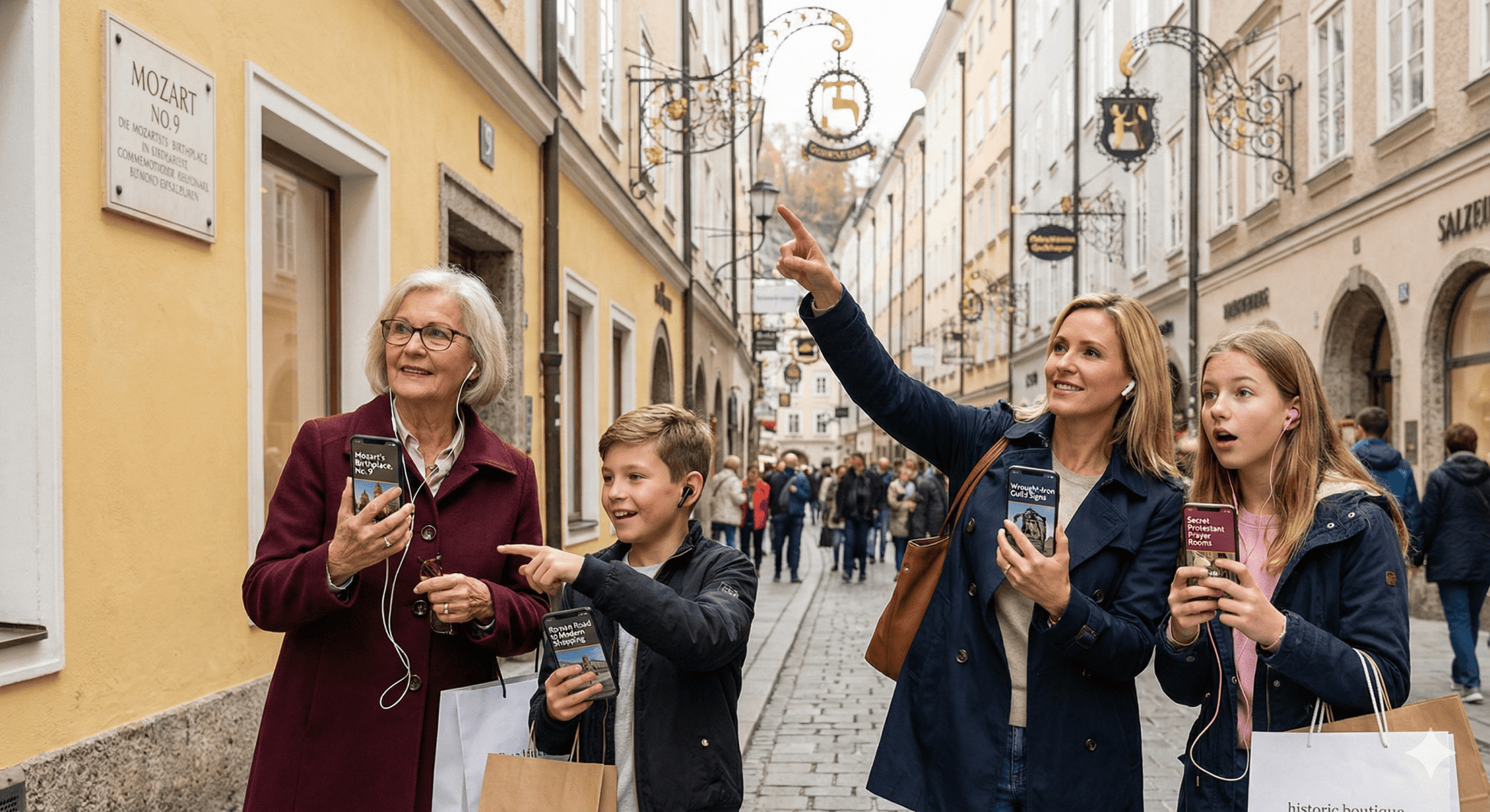 Salzburg Self-Guided Audio Tour by Uvamai Niche Tourism, featuring a smartphone with audio guide app on a scenic background.