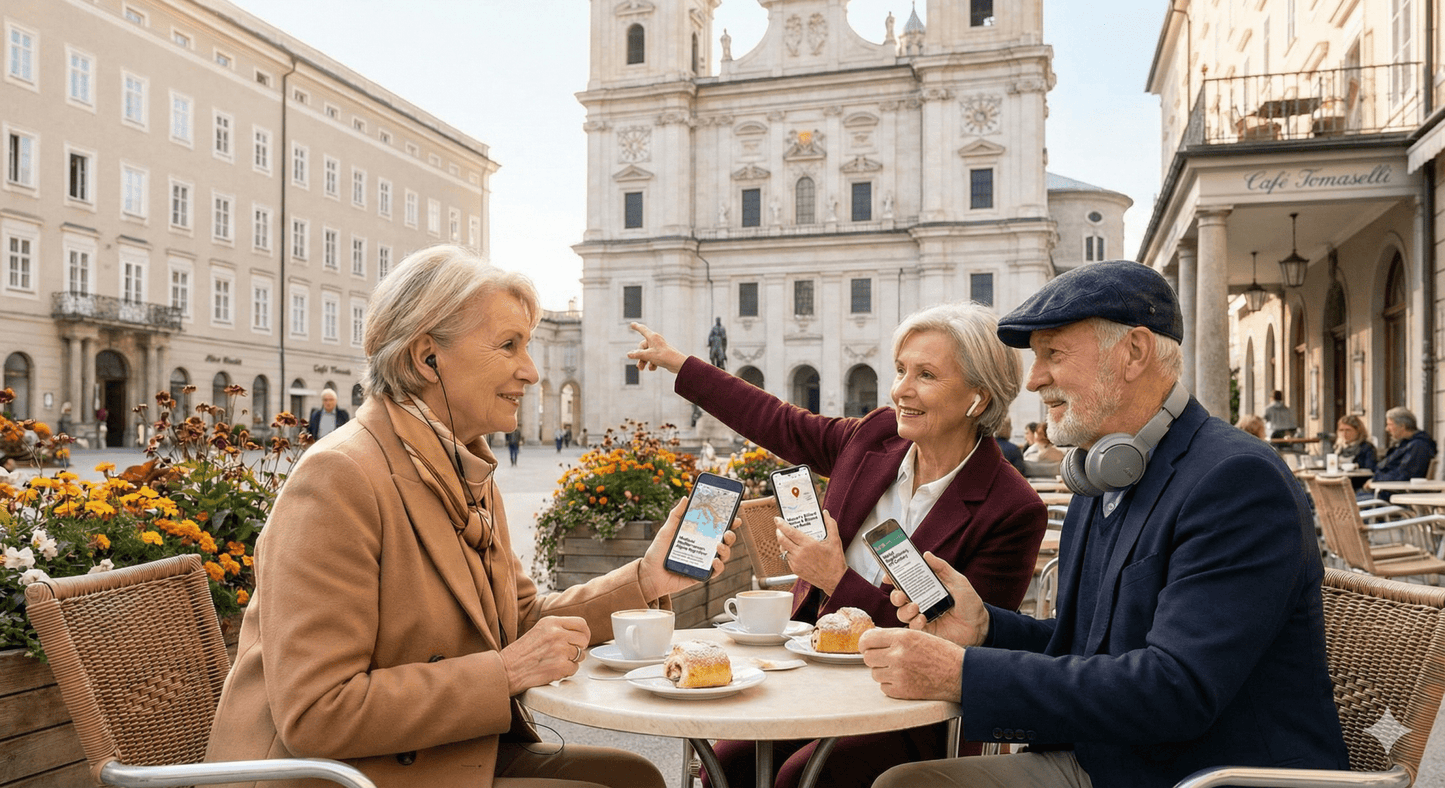 Salzburg Self-Guided Audio Tour by Uvamai Niche Tourism, featuring a smartphone with scenic city landmarks on screen.