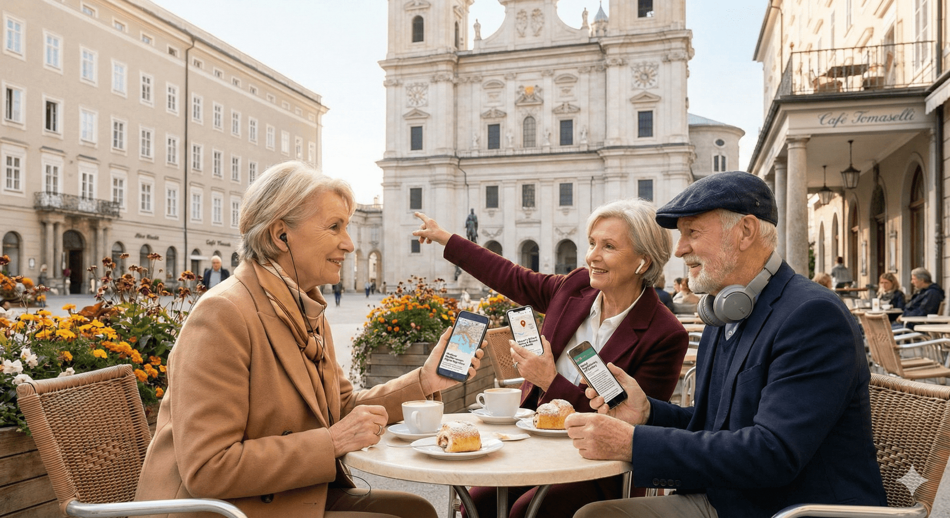 Salzburg Self-Guided Audio Tour by Uvamai Niche Tourism, featuring a smartphone with scenic city landmarks on screen.