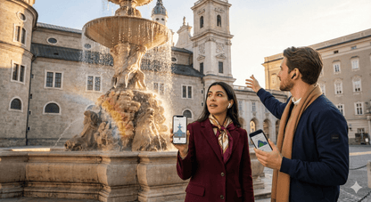 Salzburg Self-Guided Audio Tour by Uvamai Niche Tourism, featuring headphones and tour guide device for exploring Salzburg.