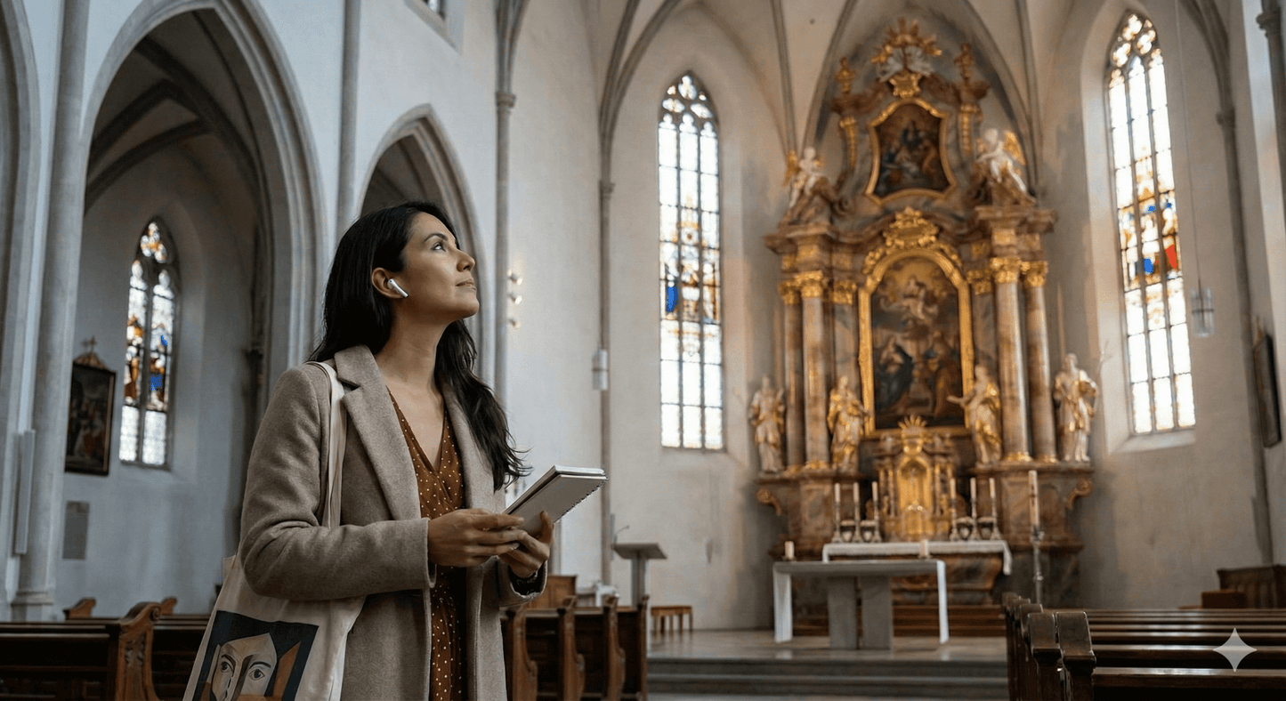 Salzburg self-guided audio tour by Uvamai Niche Tourism, showing tour device and scenic city landmarks in Salzburg.