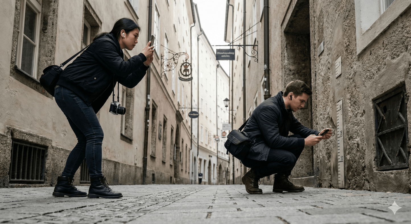 Salzburg self-guided audio tour by Uvamai Niche Tourism, featuring headphones and a smartphone for exploring city landmarks.