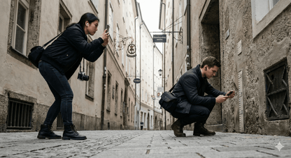 Salzburg self-guided audio tour by Uvamai Niche Tourism, featuring headphones and a smartphone for exploring city landmarks.