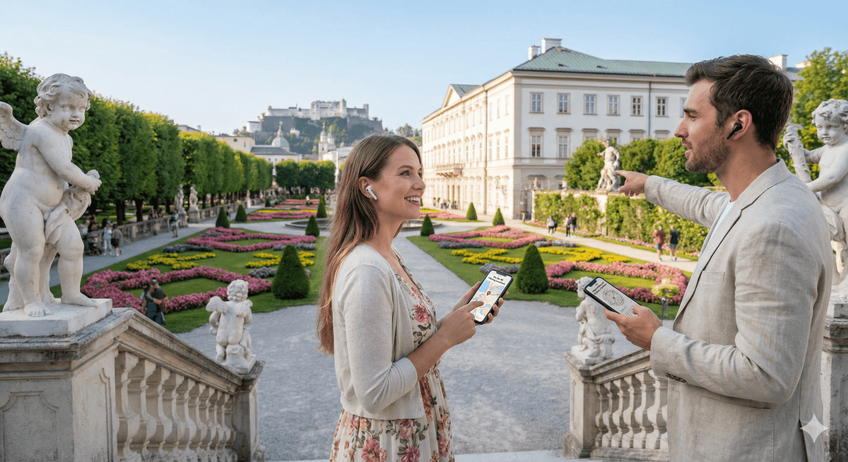 Salzburg Self-Guided Audio Tour by Uvamai Niche Tourism, showing a smartphone with tour app and scenic Salzburg background.