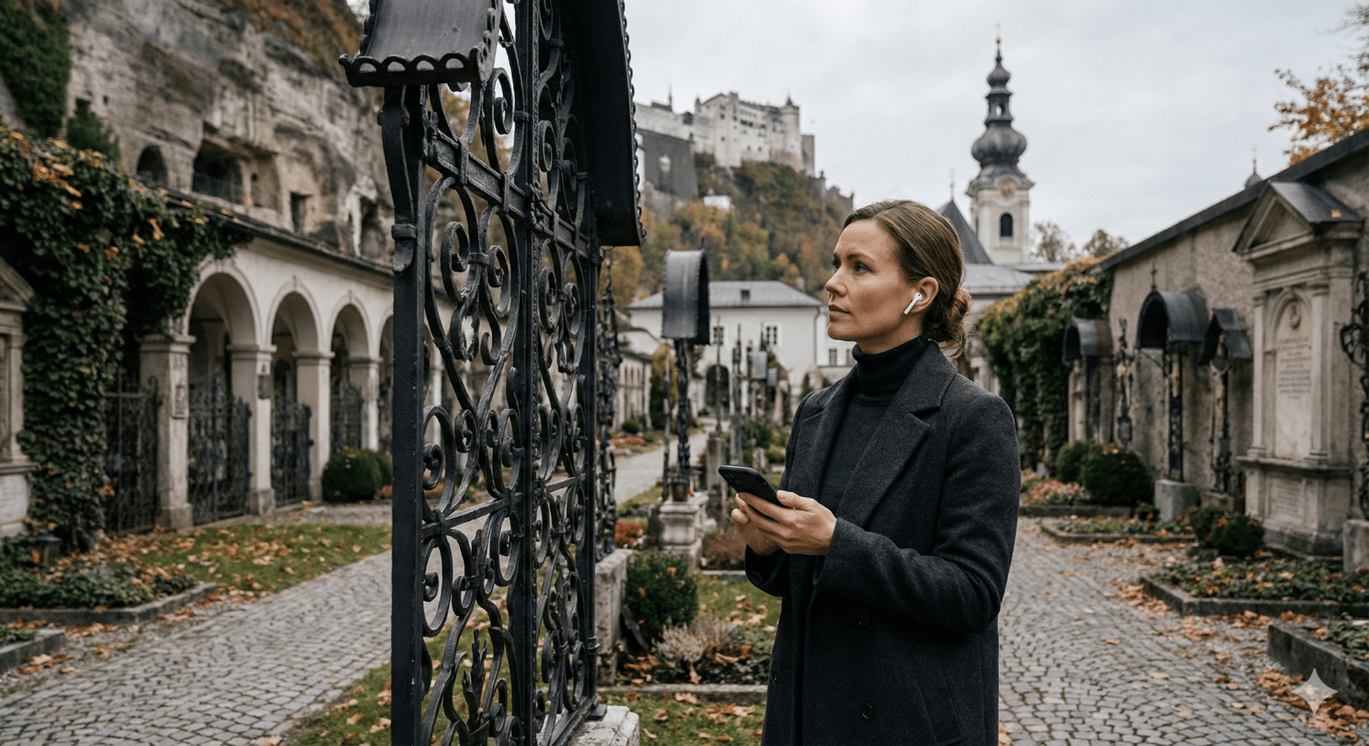 Salzburg Self-Guided Audio Tour by Uvamai Niche Tourism featuring headphones and a mobile device for exploring the city.