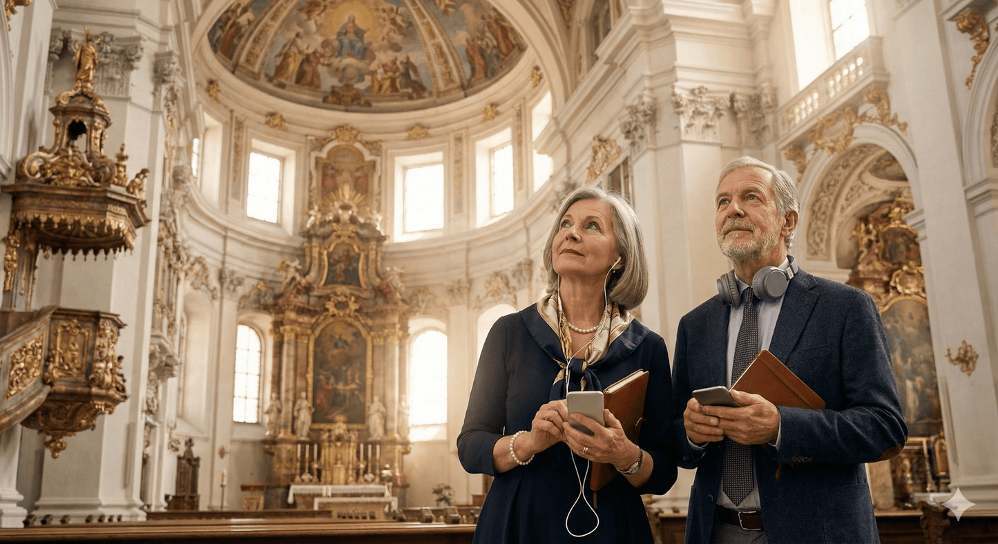 Salzburg Self-Guided Audio Tour by Uvamai Niche Tourism, featuring headphones and tour map for exploring Salzburg's landmarks.