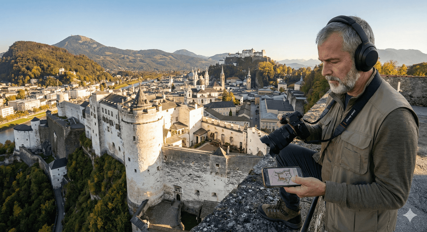 Salzburg self-guided audio tour by Uvamai Niche Tourism, showing a smartphone with tour app and scenic Salzburg landmarks in the background.
