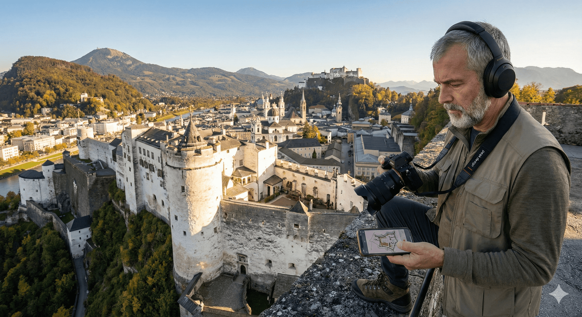 Salzburg self-guided audio tour by Uvamai Niche Tourism, showing a smartphone with tour app and scenic Salzburg landmarks in the background.
