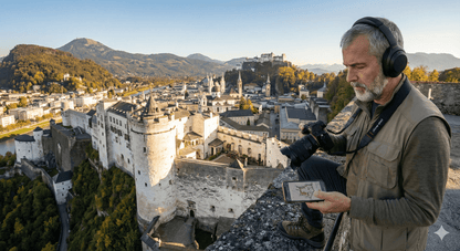 Salzburg self-guided audio tour by Uvamai Niche Tourism, showing a smartphone with tour app and scenic Salzburg landmarks in the background.