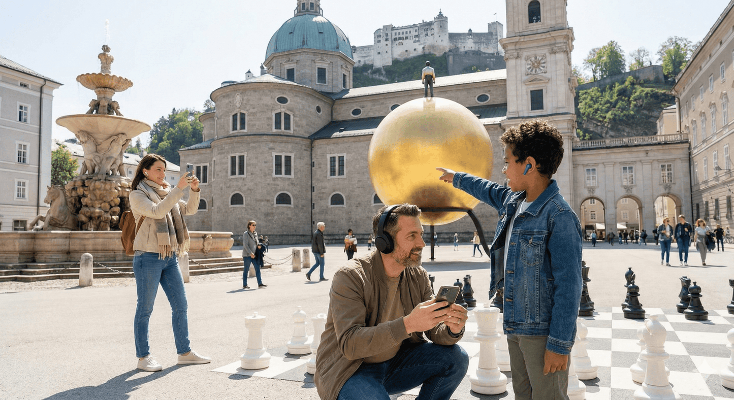 Salzburg self-guided audio tour by Uvamai Niche Tourism, featuring headphones and smartphone with scenic city views.