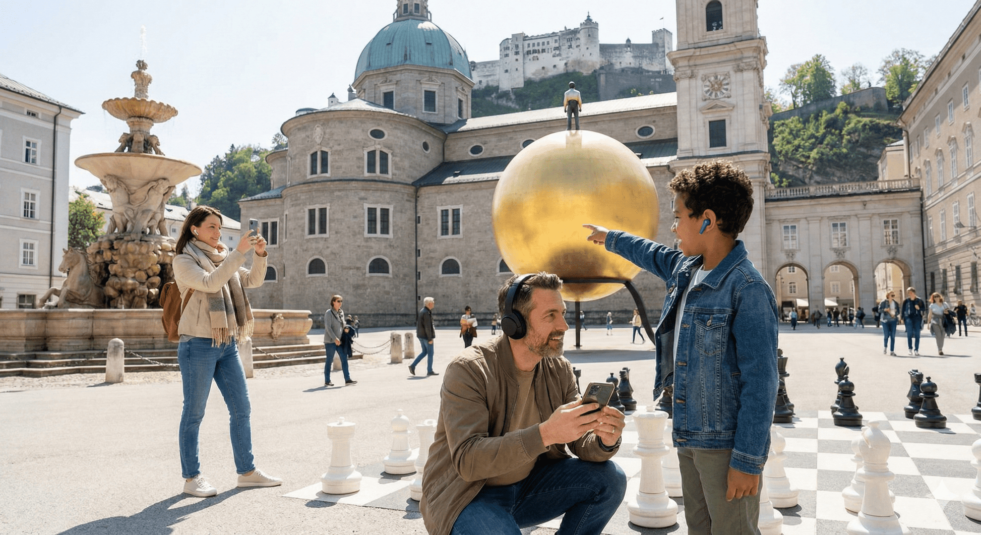 Salzburg self-guided audio tour by Uvamai Niche Tourism, featuring headphones and smartphone with scenic city views.
