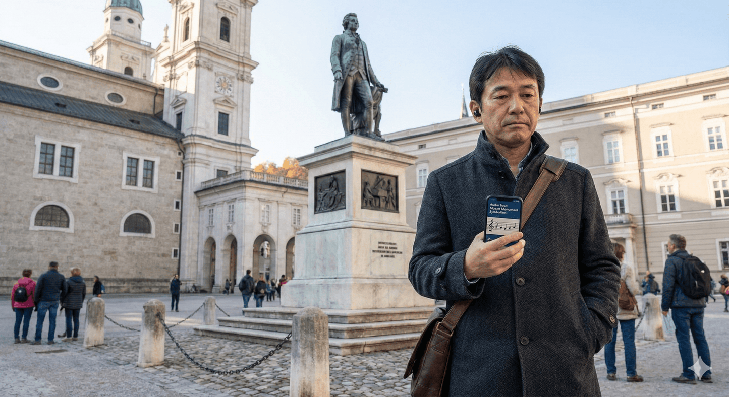 Salzburg self-guided audio tour by Uvamai Niche Tourism, featuring headphones and travel guide icons on a smartphone screen.