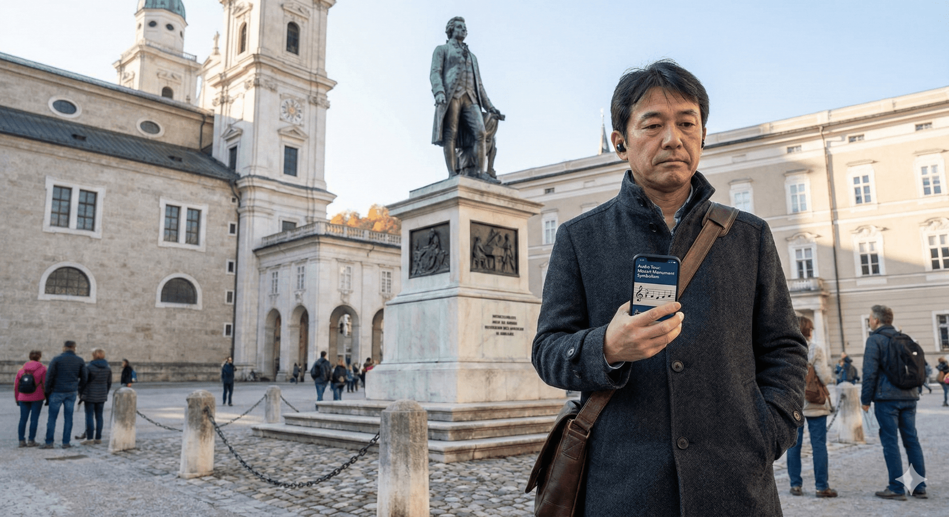 Salzburg self-guided audio tour by Uvamai Niche Tourism, featuring headphones and travel guide icons on a smartphone screen.