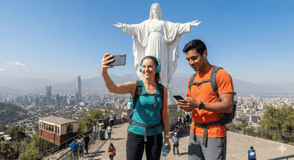 Audio tour device for Santiago self-guided tour by Uvamai Niche Tourism, showing headphones and tour interface on a mobile screen.