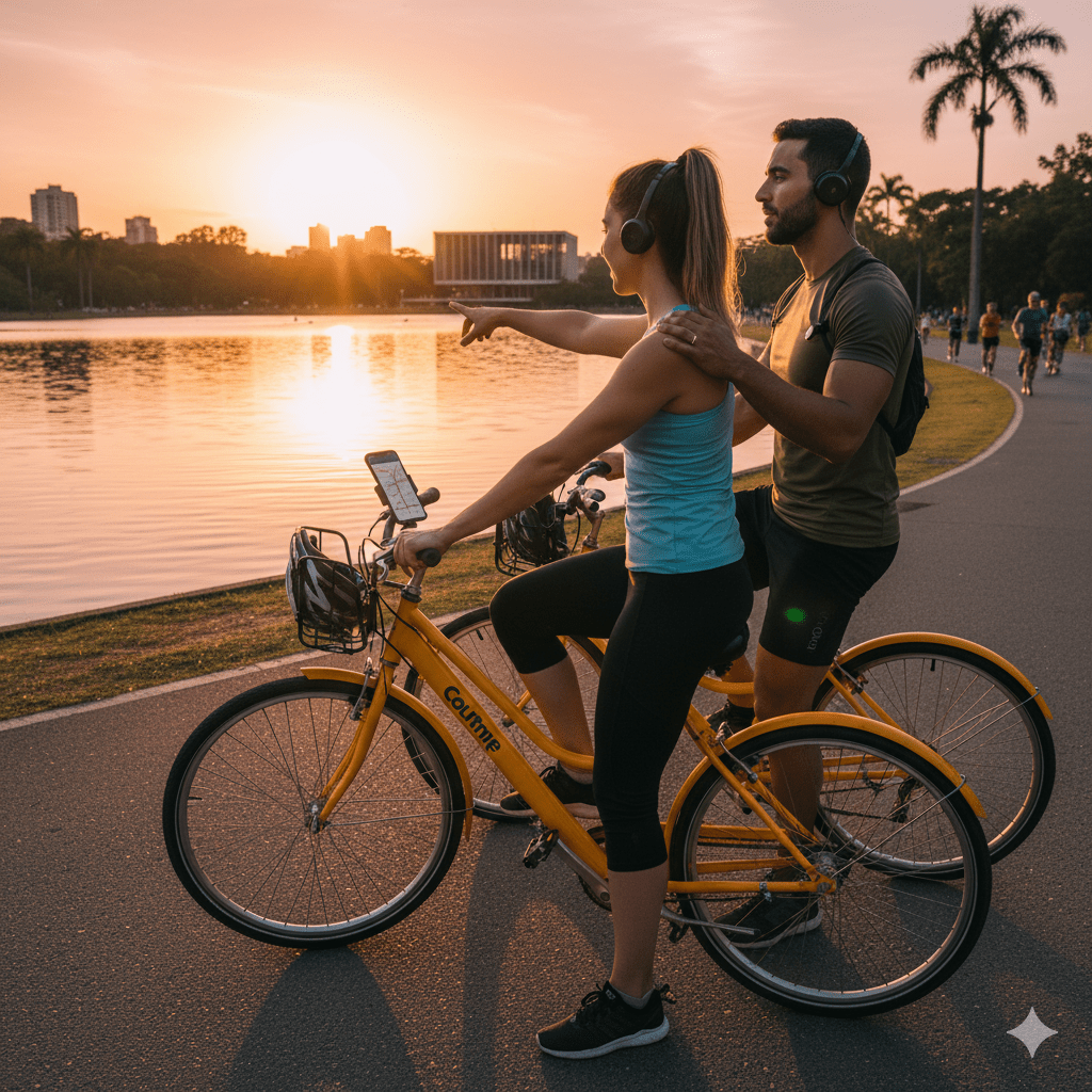 Self-guided audio tour of São Paulo by Uvamai Niche Tourism, showing headphones and guide device for exploring the city.
