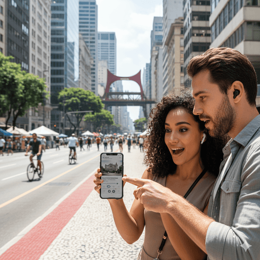Self-guided Sao Paulo audio tour by Uvamai Niche Tourism, with headphones, map, and scenic city views.