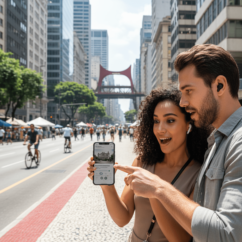 Self-guided Sao Paulo audio tour by Uvamai Niche Tourism, with headphones, map, and scenic city views.