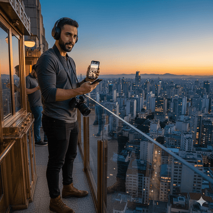 Sao Paulo Self-Guided Audio Tour by Uvamai Niche Tourism, featuring a smartphone with map and audio icons over a cityscape background.