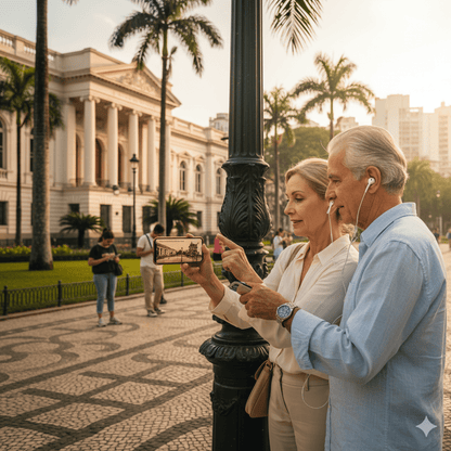 Self-guided audio tour of Sao Paulo by Uvamai Niche Tourism showing headphones and city landmarks.