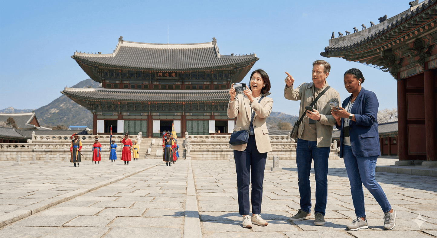 Audio guide for Seoul self-guided tour by Uvamai Niche Tourism, featuring headphones and a mobile device displaying Seoul landmarks.