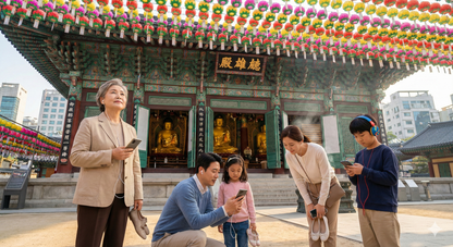 Seoul self-guided audio tour by Uvamai Niche Tourism, showing a smartphone with scenic Seoul landmarks on the screen.