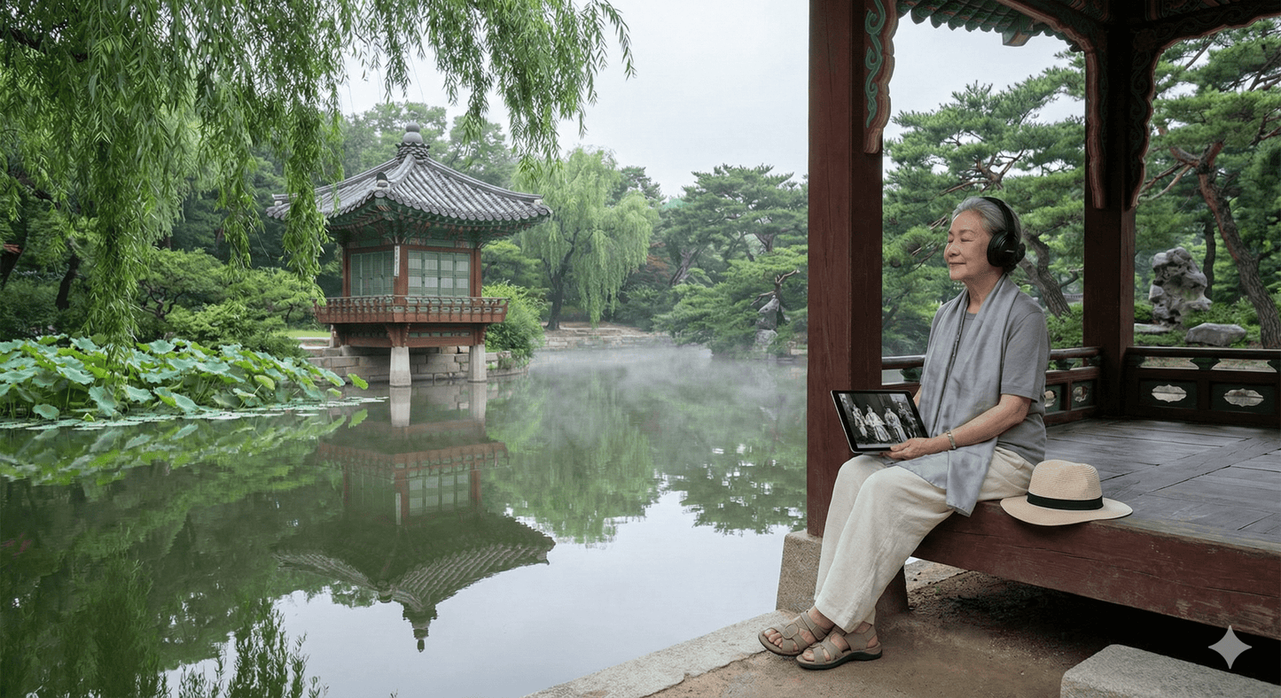 Self-guided audio tour of Seoul by Uvamai Niche Tourism, featuring headphones and smartphone with map on a city background.