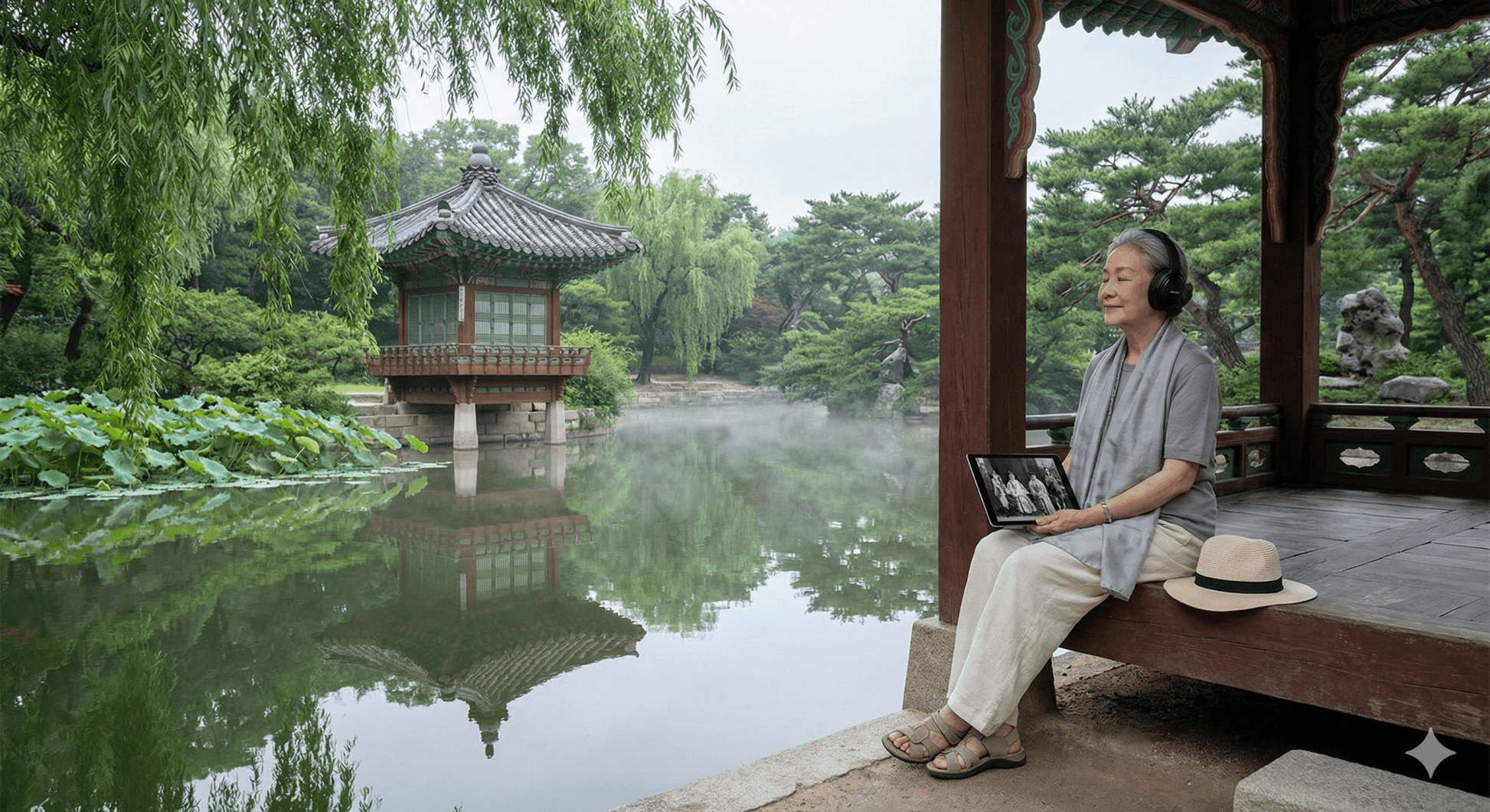Self-guided audio tour of Seoul by Uvamai Niche Tourism, featuring headphones and smartphone with map on a city background.
