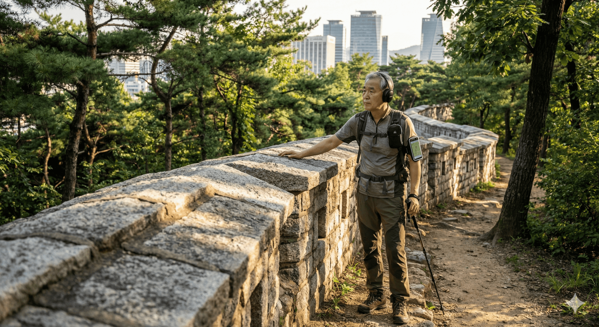 Seoul Self-Guided Audio Tour by Uvamai Niche Tourism, featuring headphones and mobile device for exploring Seoul's landmarks.