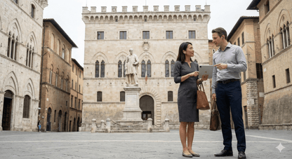 Siena Self-Guided Audio Tour by Uvamai Niche Tourism showing a smartphone with tour app and Siena cityscape in the background