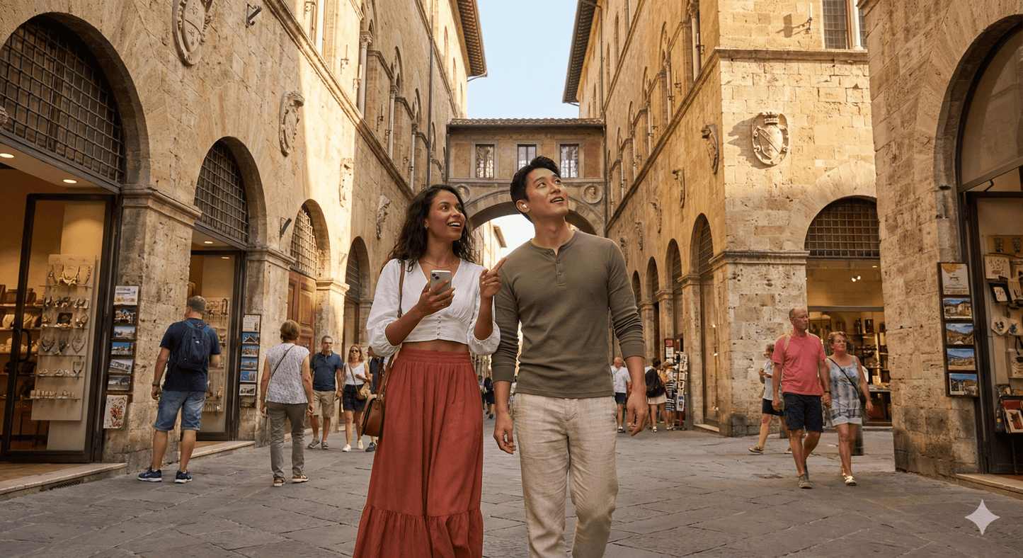 Siena Self-Guided Audio Tour by Uvamai Niche Tourism showing a smartphone with map and audio playback interface.