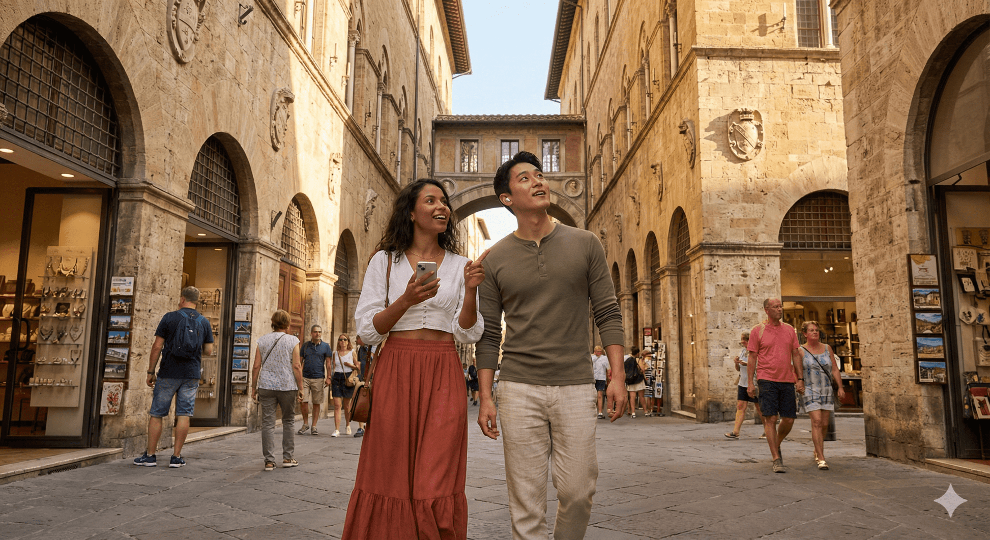 Siena Self-Guided Audio Tour by Uvamai Niche Tourism showing a smartphone with map and audio playback interface.