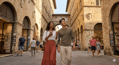 Siena Self-Guided Audio Tour by Uvamai Niche Tourism showing a smartphone with map and audio playback interface.