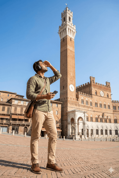 Siena Self-Guided Audio Tour by Uvamai Niche Tourism showing a mobile device with tour map and historical images.