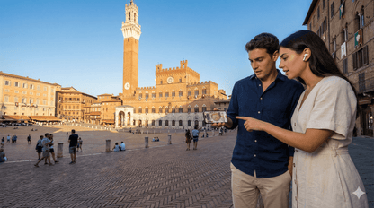 Audio tour device for Siena Self-Guided Audio Tour by Uvamai Niche Tourism, showing headphones and tour controls.