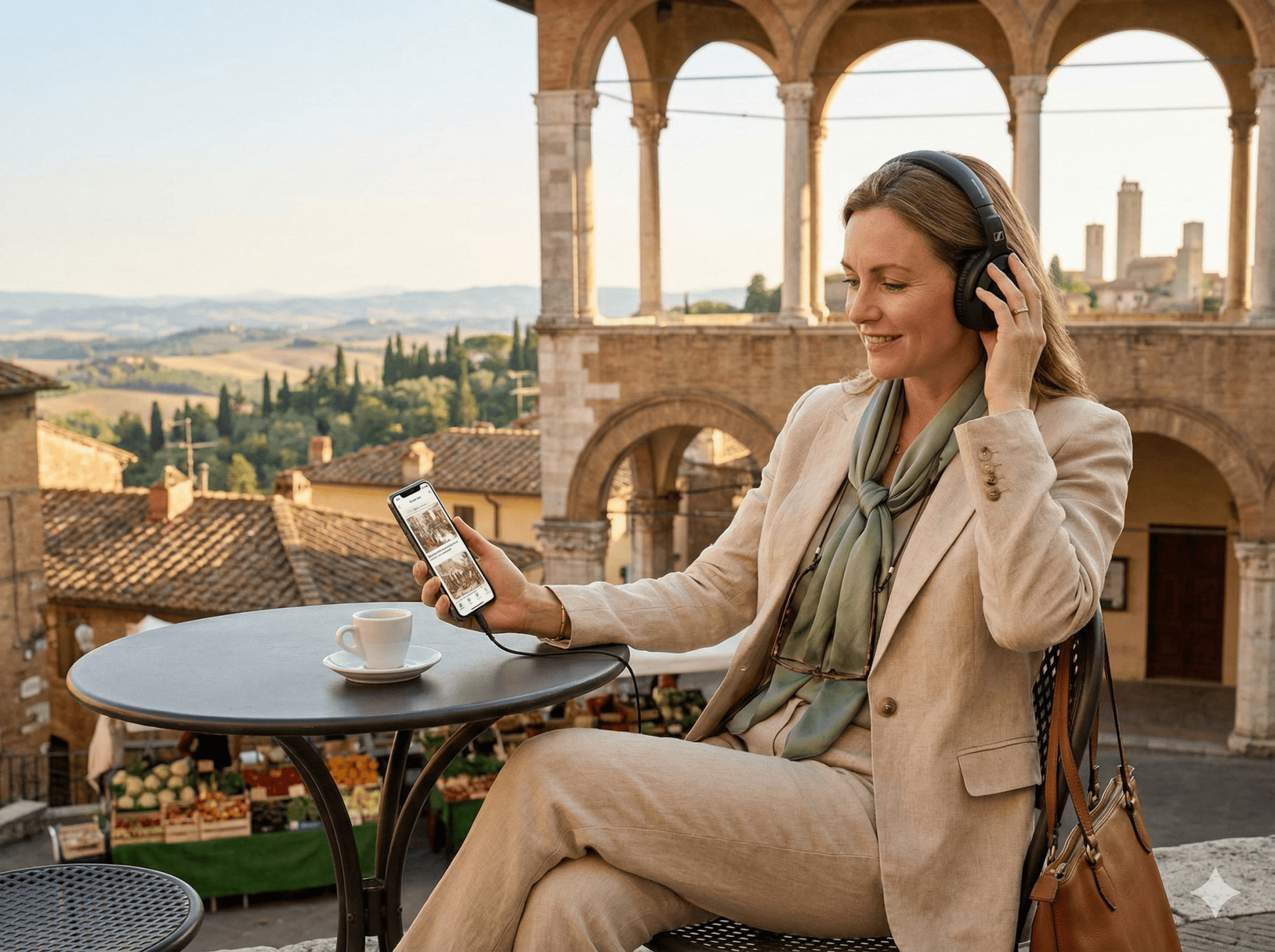 Audio tour device for Siena Self-Guided Audio Tour by Uvamai Niche Tourism, showing headphones and tour interface screen.