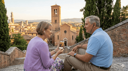 Siena Self-Guided Audio Tour by Uvamai Niche Tourism image showing a smartphone with the tour app on a historic Siena street.