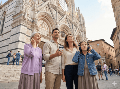 Audio tour device for Siena self-guided audio tour by Uvamai Niche Tourism, showing headphones and tour map on a tablet screen.