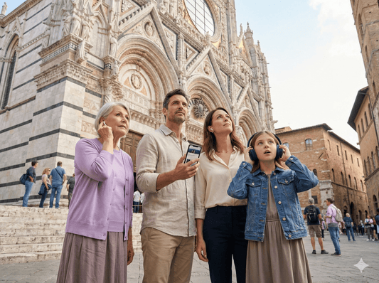 Audio tour device for Siena self-guided audio tour by Uvamai Niche Tourism, showing headphones and tour map on a tablet screen.