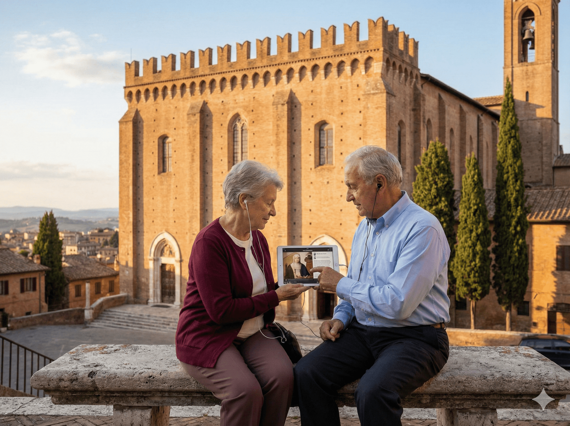 Audio tour device for Siena self-guided audio tour by Uvamai Niche Tourism, with headphones and tour interface visible.