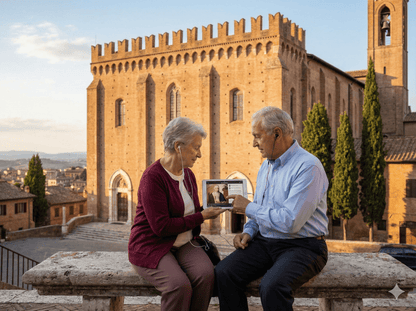 Audio tour device for Siena self-guided audio tour by Uvamai Niche Tourism, with headphones and tour interface visible.